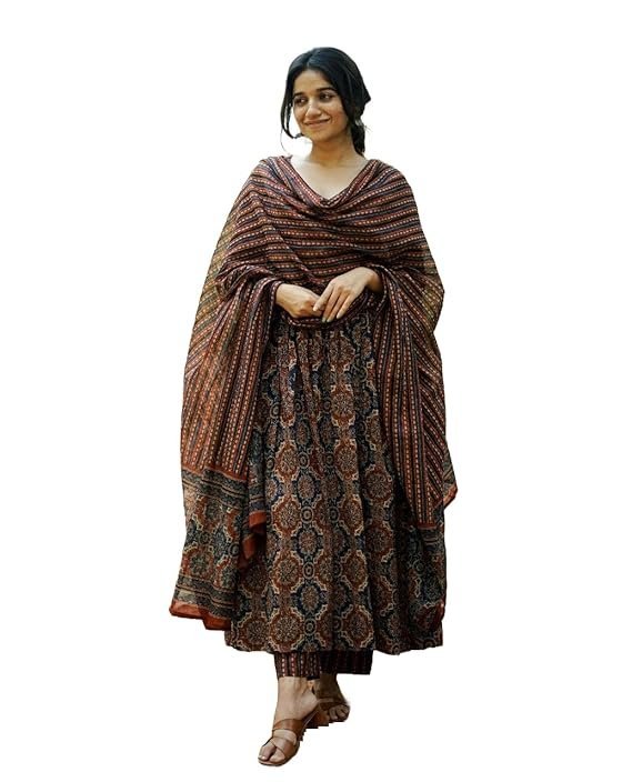 61D7nbhylBL._SX569_ Women's Viscose Printed Flared A-Line Kurta With Pant And Dupatta Suit Set | Kurta Set - Image 1