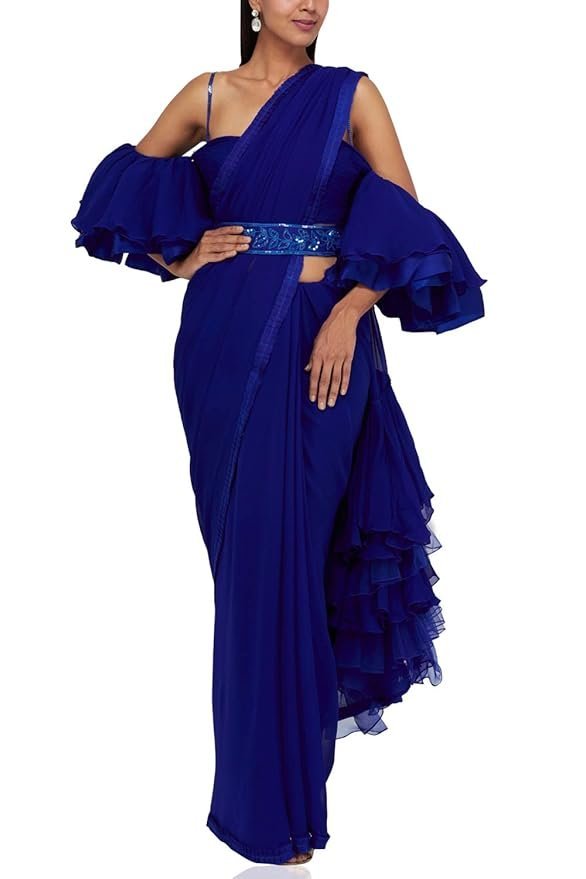 61++p6pU9aL._SY879_ Saree Trends Women's Faux Georgette ready to wear Frill saree with unstitched blouse - Image 1